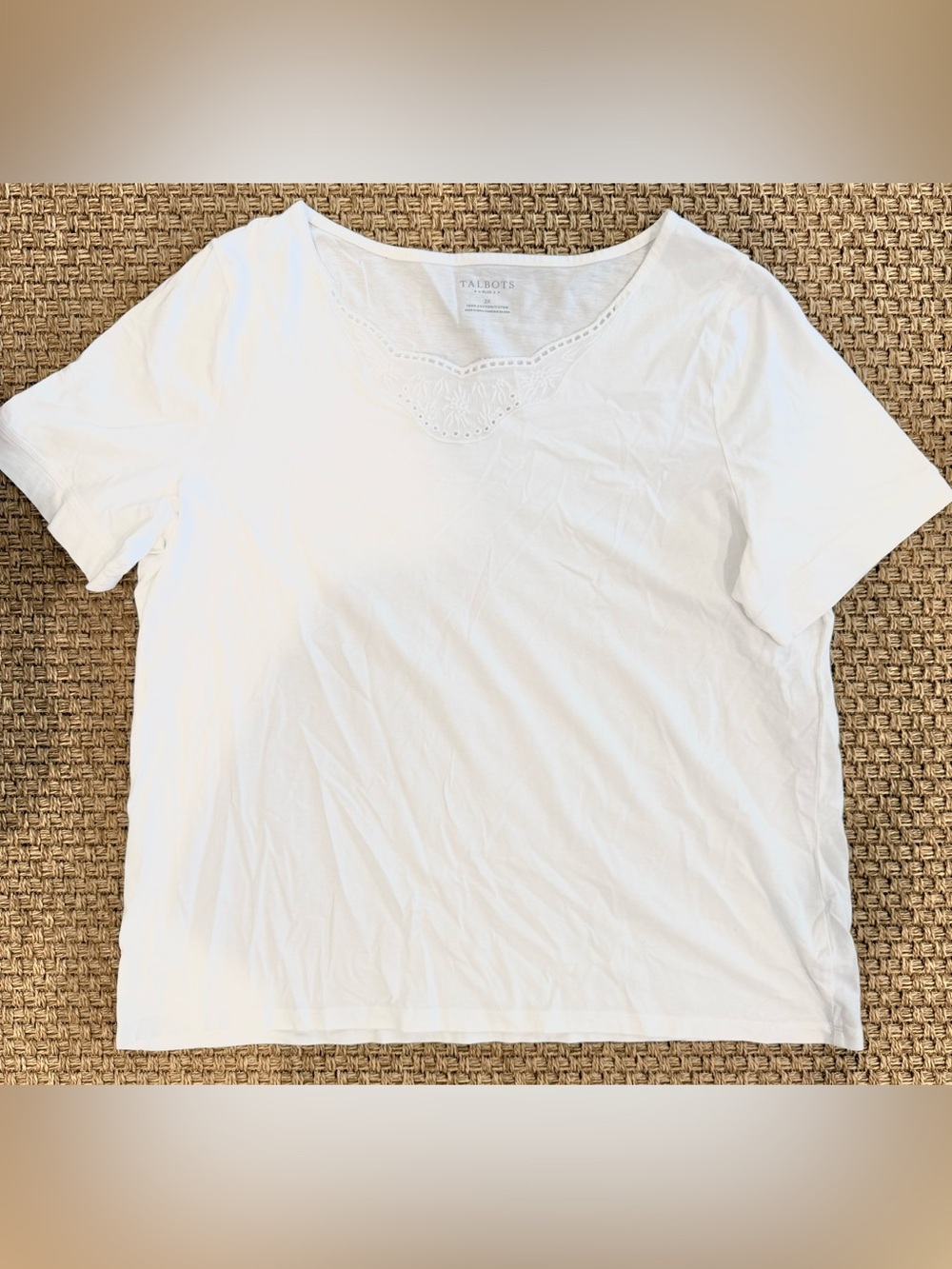 TALBOTS | White Short-Sleeve Tee with Embroidered V-Neck